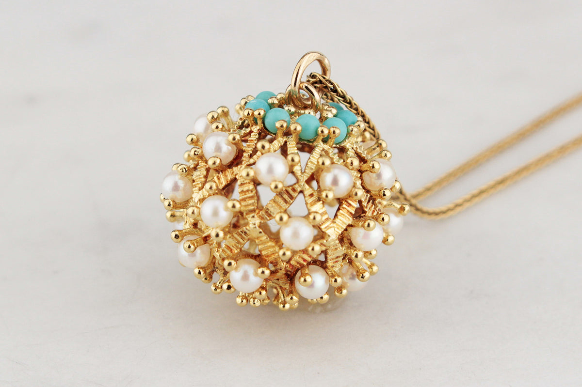 VINTAGE TURQUOISE &amp; PEARL PENDANT 18ct GOLD