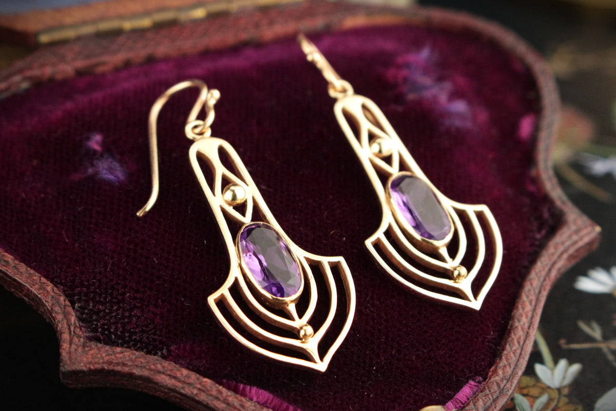 VINTAGE ESTATE ART NOUVEAU STYLE AMETHYST EARRINGS 9ct GOLD