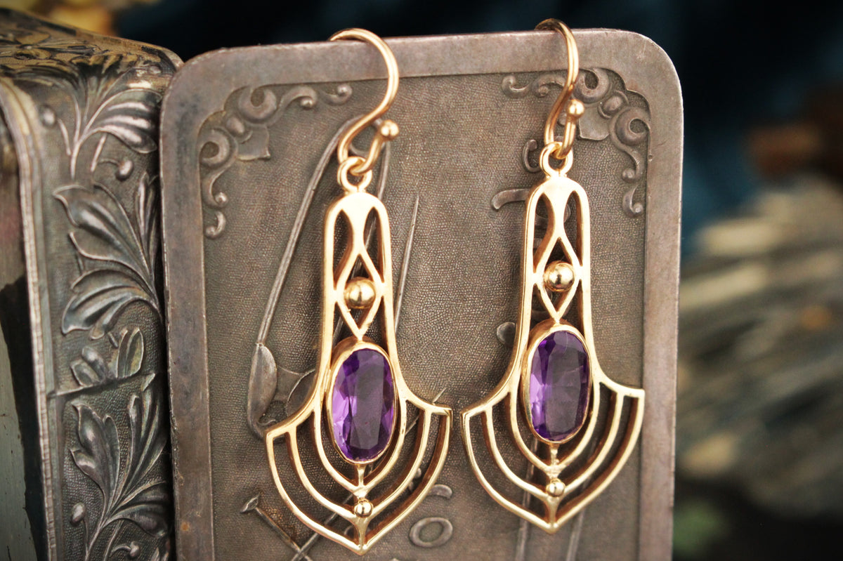 VINTAGE ESTATE ART NOUVEAU STYLE AMETHYST EARRINGS 9ct GOLD