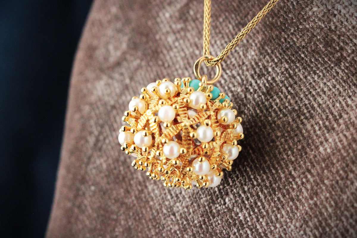 VINTAGE TURQUOISE &amp; PEARL PENDANT 18ct GOLD
