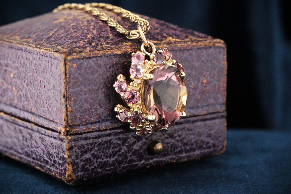 MODERN AMETRINE &amp; AMETHYST CLUSTER PENDANT 9ct GOLD