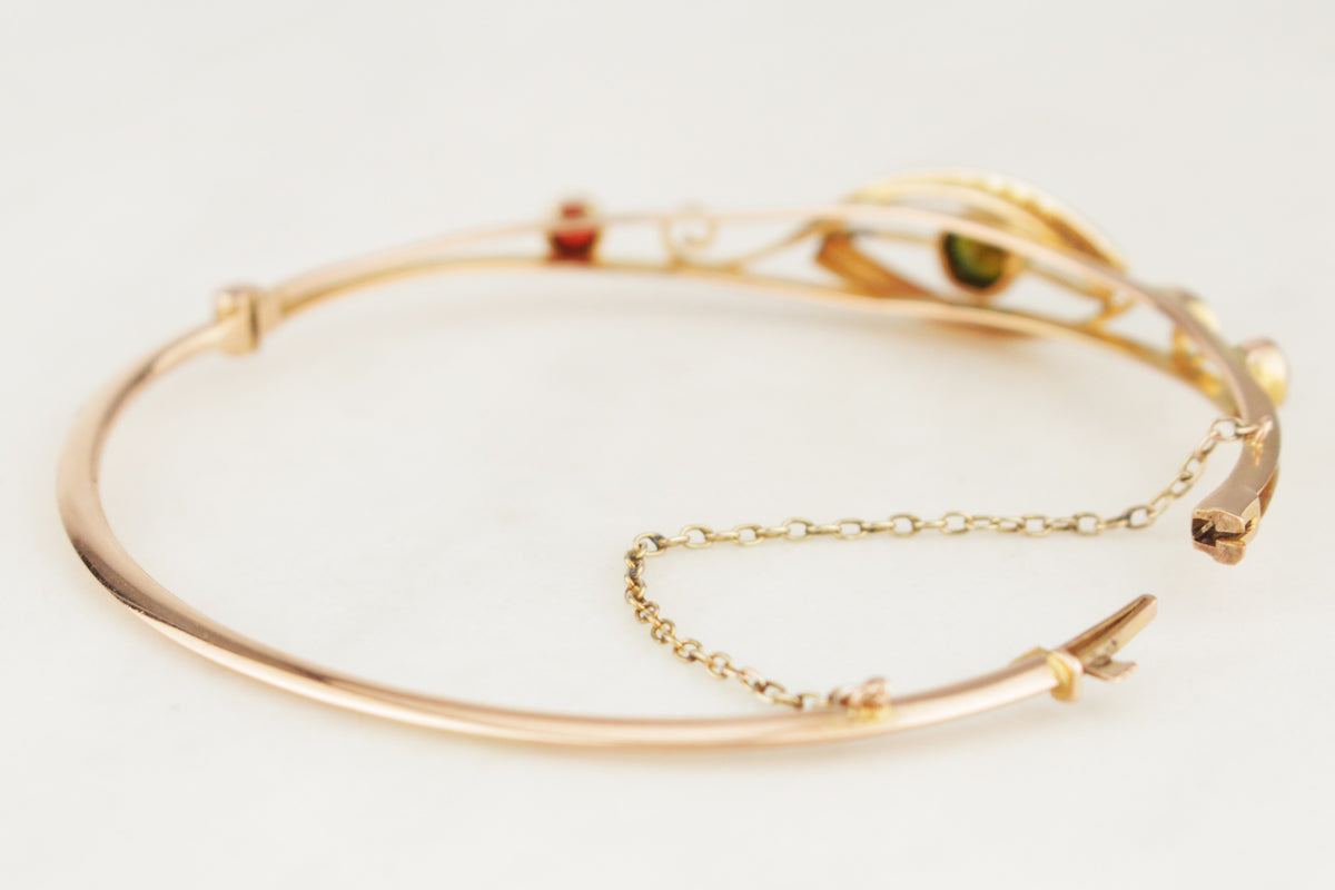 ANTIQUE EDWARDIAN c1900 GREEN SAPPHIRE GARNET & SEED PEARL BANGLE 9ct GOLD