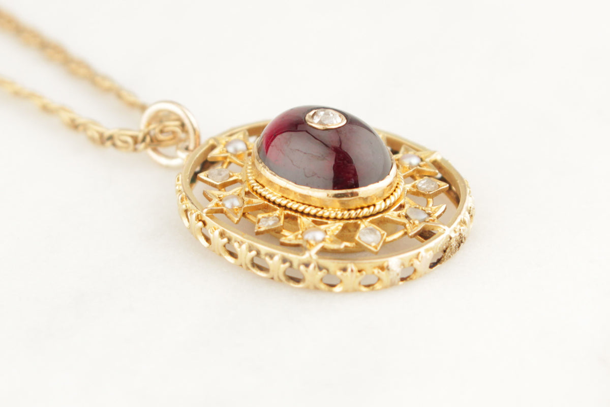 ANTIQUE VICTORIAN c1880 DIAMOND GARNET &amp; SEED PEARL PENDANT 9ct GOLD