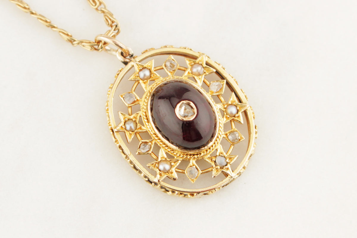 ANTIQUE VICTORIAN c1880 DIAMOND GARNET &amp; SEED PEARL PENDANT 9ct GOLD