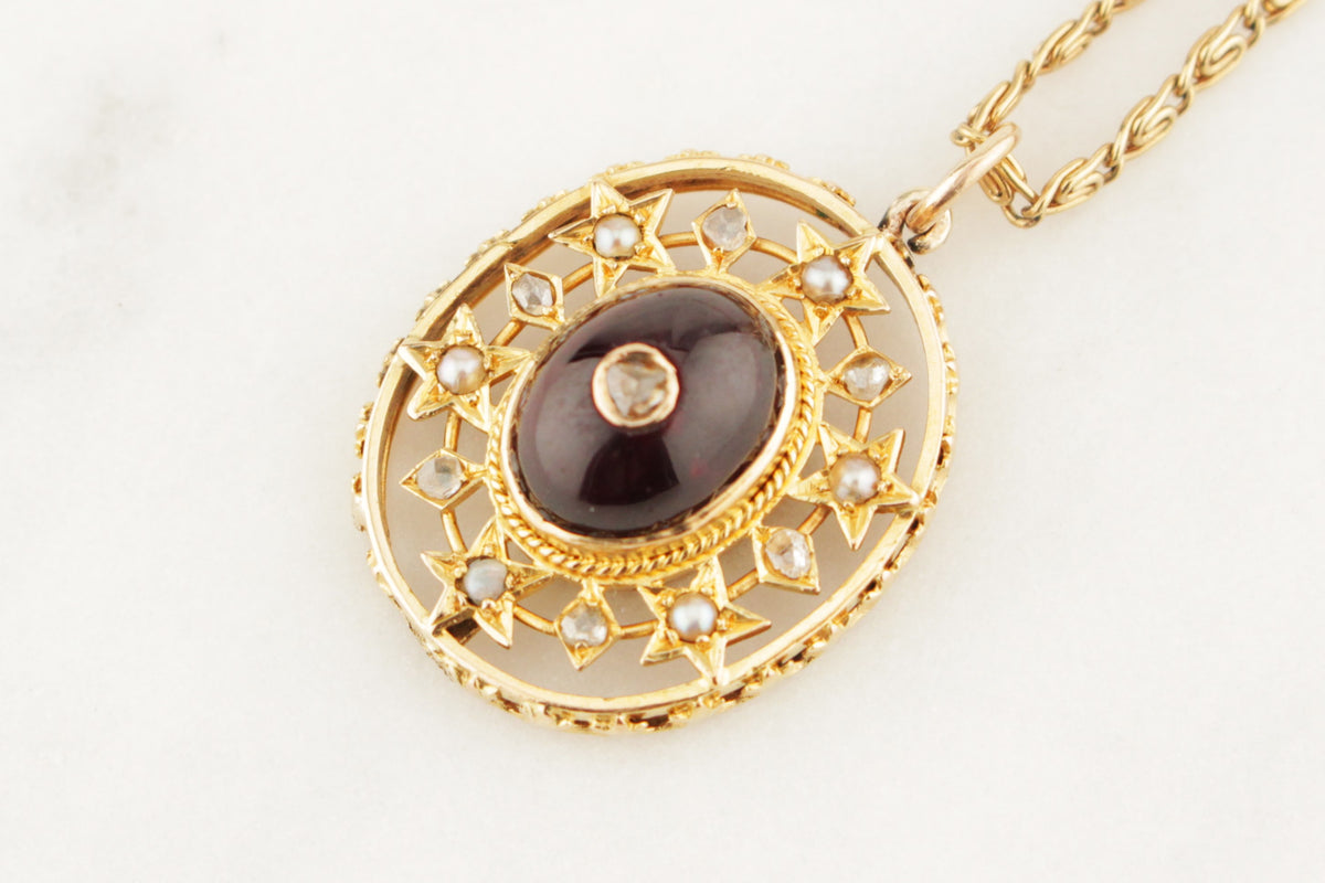ANTIQUE VICTORIAN c1880 DIAMOND GARNET &amp; SEED PEARL PENDANT 9ct GOLD