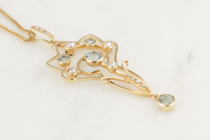 ANTIQUE ART NOUVEAU c1890 AQUAMARINE & SEED PEARL PENDANT 15ct YELLOW GOLD