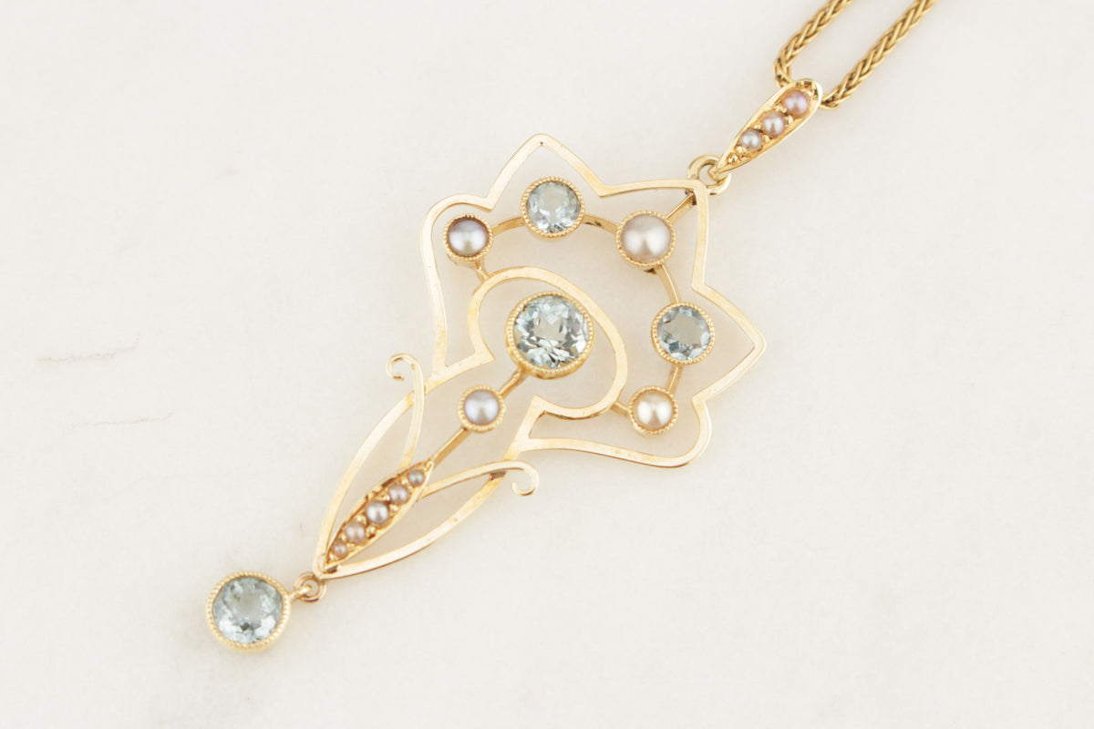 ANTIQUE ART NOUVEAU c1890 AQUAMARINE & SEED PEARL PENDANT 15ct YELLOW GOLD