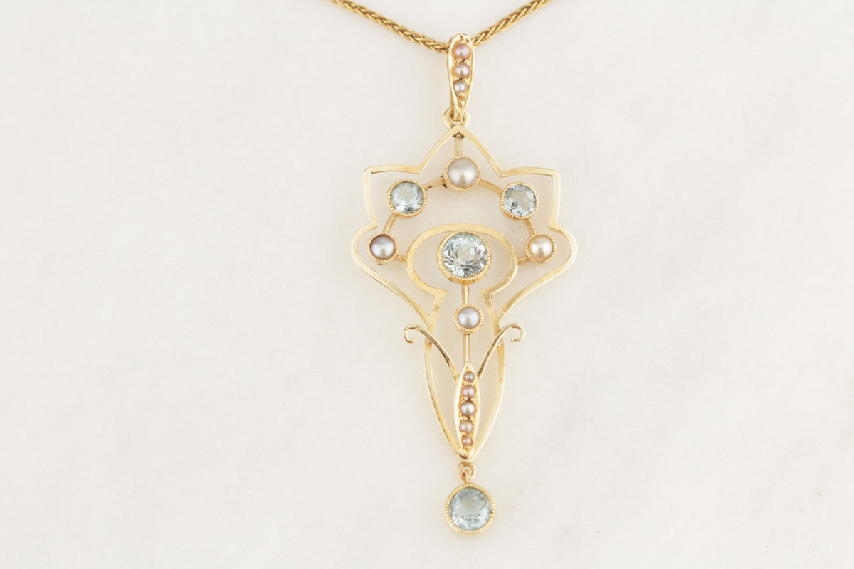 ANTIQUE ART NOUVEAU c1890 AQUAMARINE & SEED PEARL PENDANT 15ct YELLOW GOLD