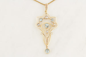 ANTIQUE ART NOUVEAU c1890 AQUAMARINE & SEED PEARL PENDANT 15ct YELLOW GOLD