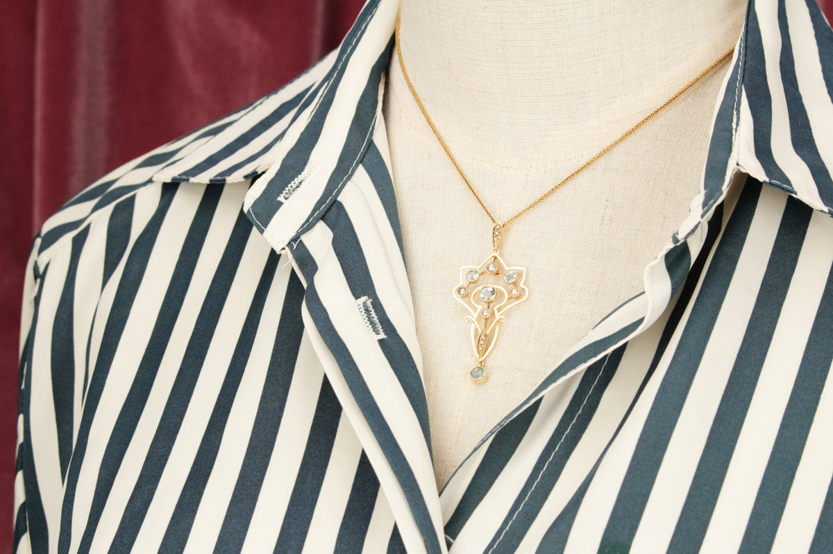 ANTIQUE ART NOUVEAU c1890 AQUAMARINE & SEED PEARL PENDANT 15ct YELLOW GOLD