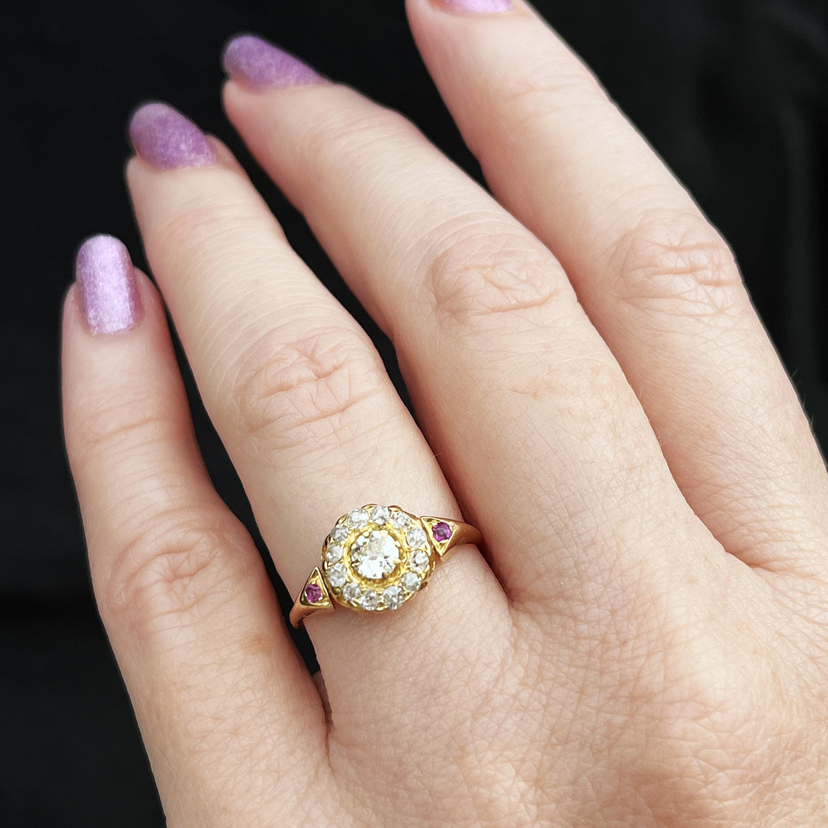 VICTORIAN 1885 DIAMOND &amp; RUBY CLUSTER RING 18ct GOLD