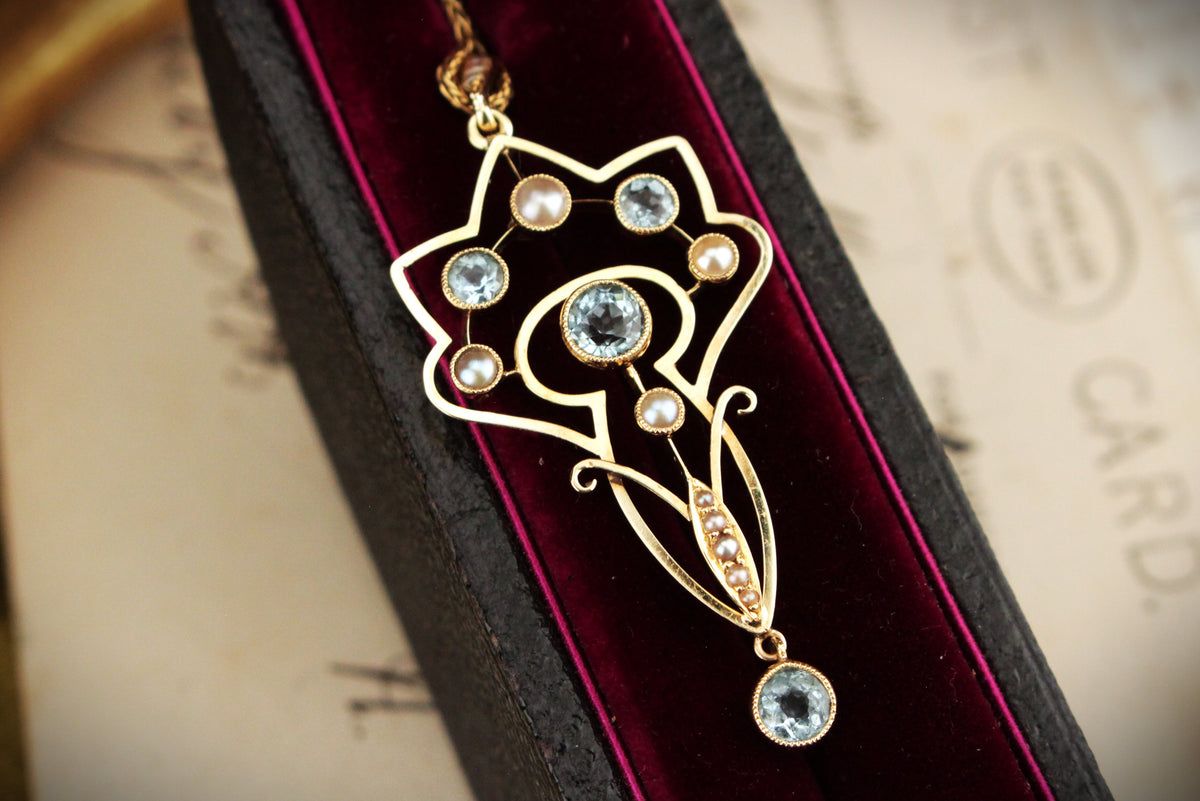 ANTIQUE ART NOUVEAU c1890 AQUAMARINE & SEED PEARL PENDANT 15ct YELLOW GOLD