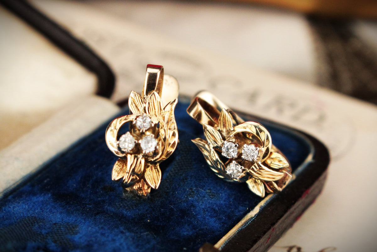 VINTAGE ESTATE c1940 DIAMOND EARRINGS 9ct GOLD