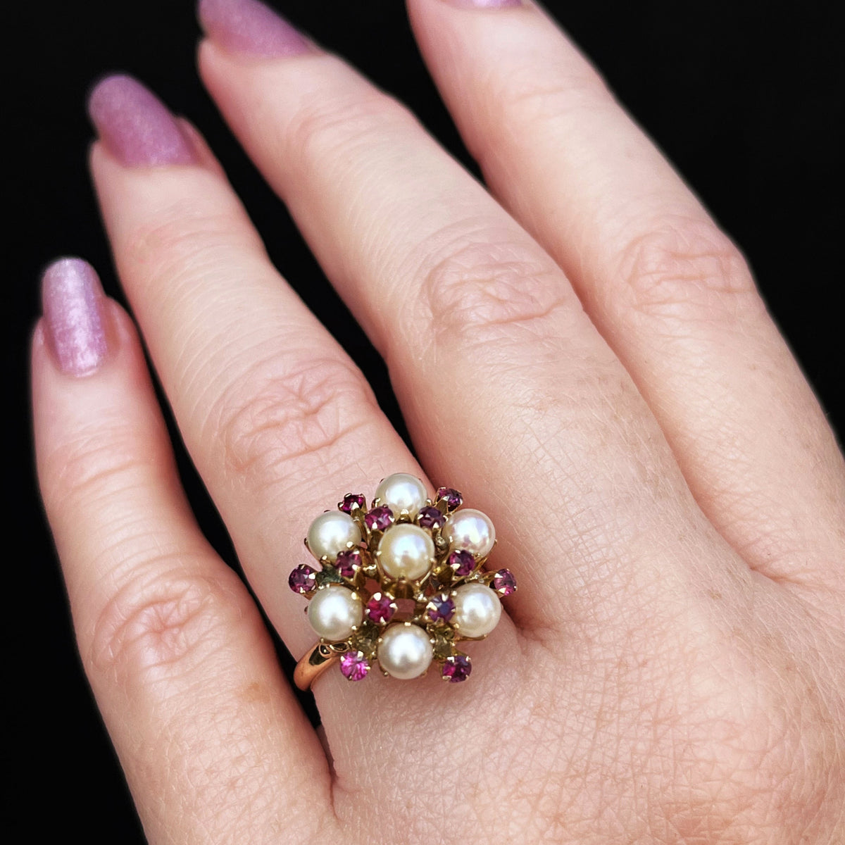 VINTAGE c1940’s RUBY &amp; PEARL PRINCESS RING 14ct GOLD