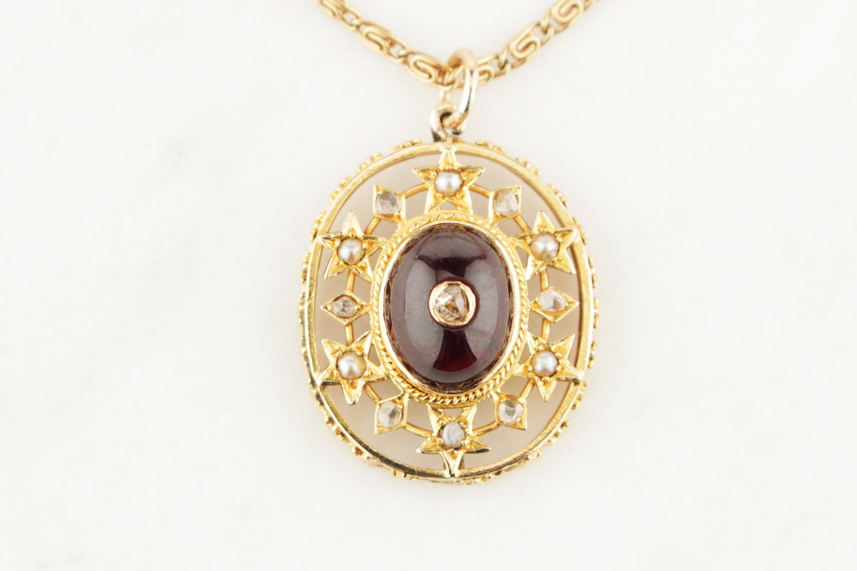 ANTIQUE VICTORIAN c1880 DIAMOND GARNET &amp; SEED PEARL PENDANT 9ct GOLD