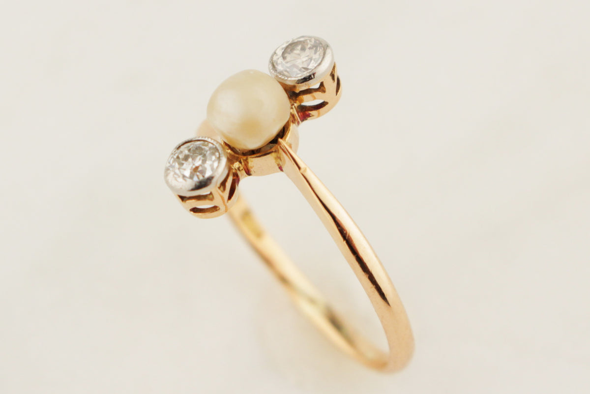 ANTIQUE AUSTRALIAN EDWARDIAN c1910 DIAMOND & PEARL RING 18ct ROSE GOLD