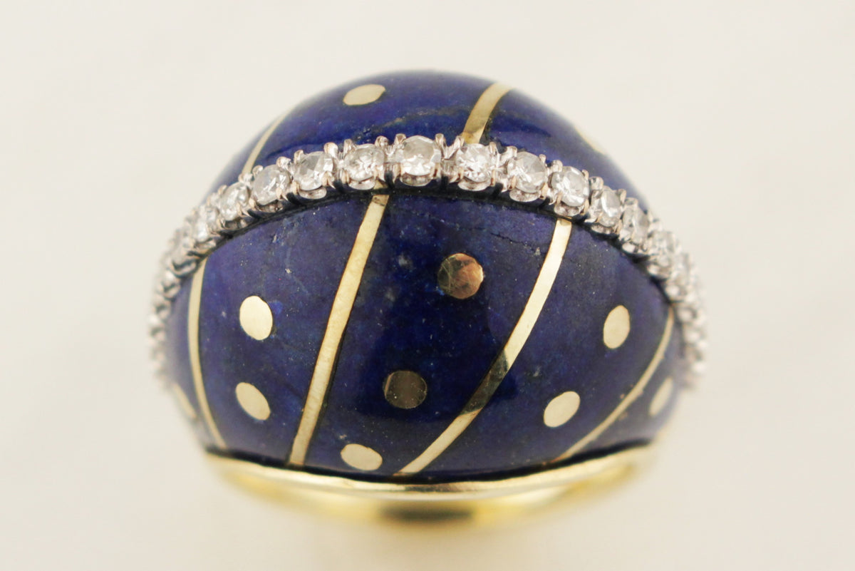 VINTAGE c1940 LAPIS LAZULI &amp; DIAMOND BOMBE RING 14ct YELLOW GOLD