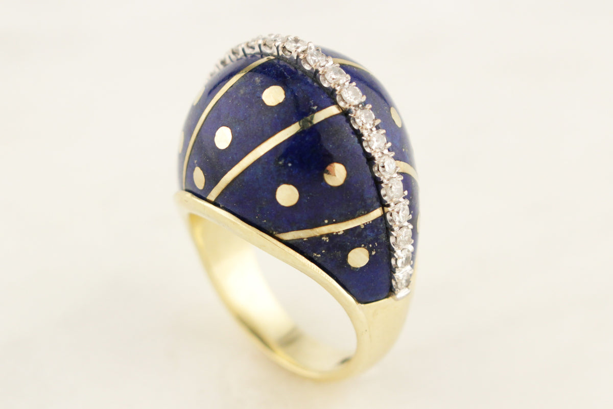 VINTAGE c1940 LAPIS LAZULI &amp; DIAMOND BOMBE RING 14ct YELLOW GOLD
