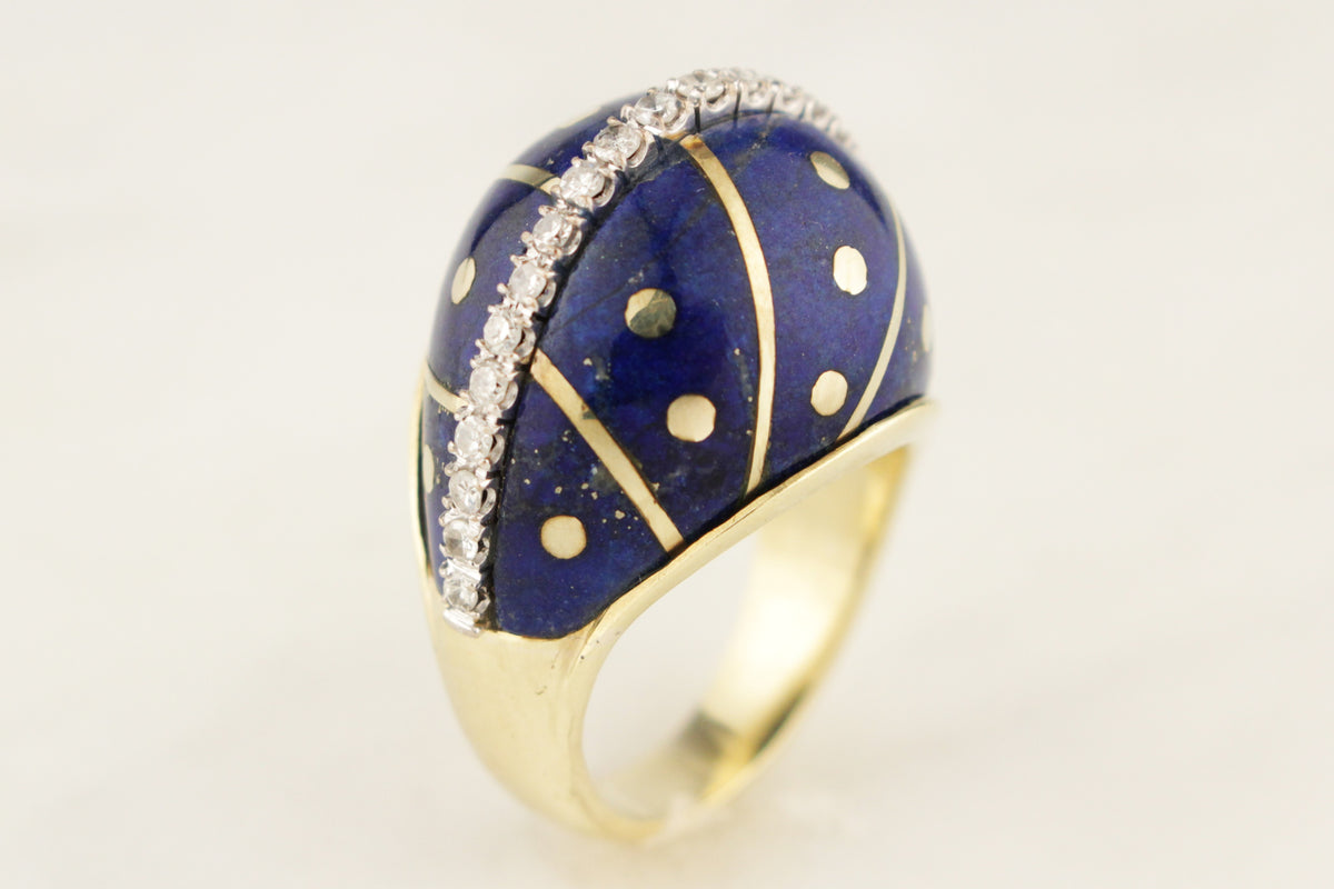 VINTAGE c1940 LAPIS LAZULI &amp; DIAMOND BOMBE RING 14ct YELLOW GOLD
