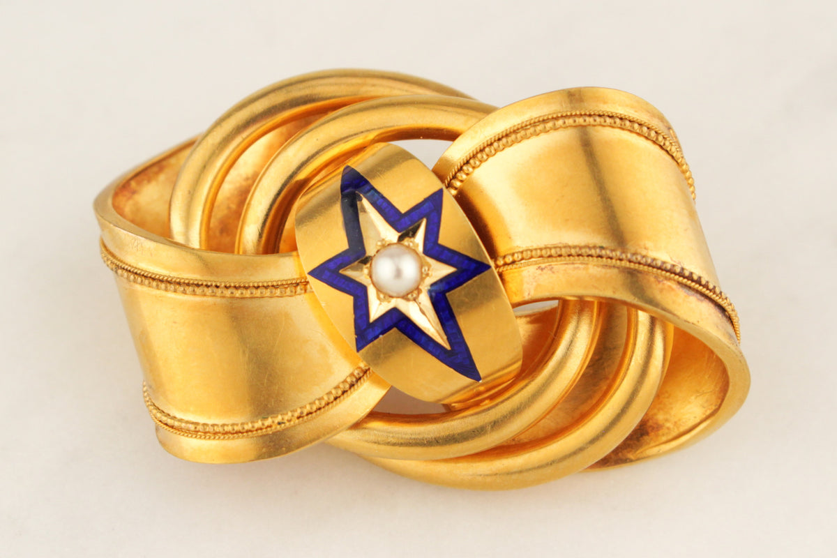 ANTIQUE VICTORIAN c1860 ENAMEL &amp; PEARL BROOCH 20ct YELLOW GOLD