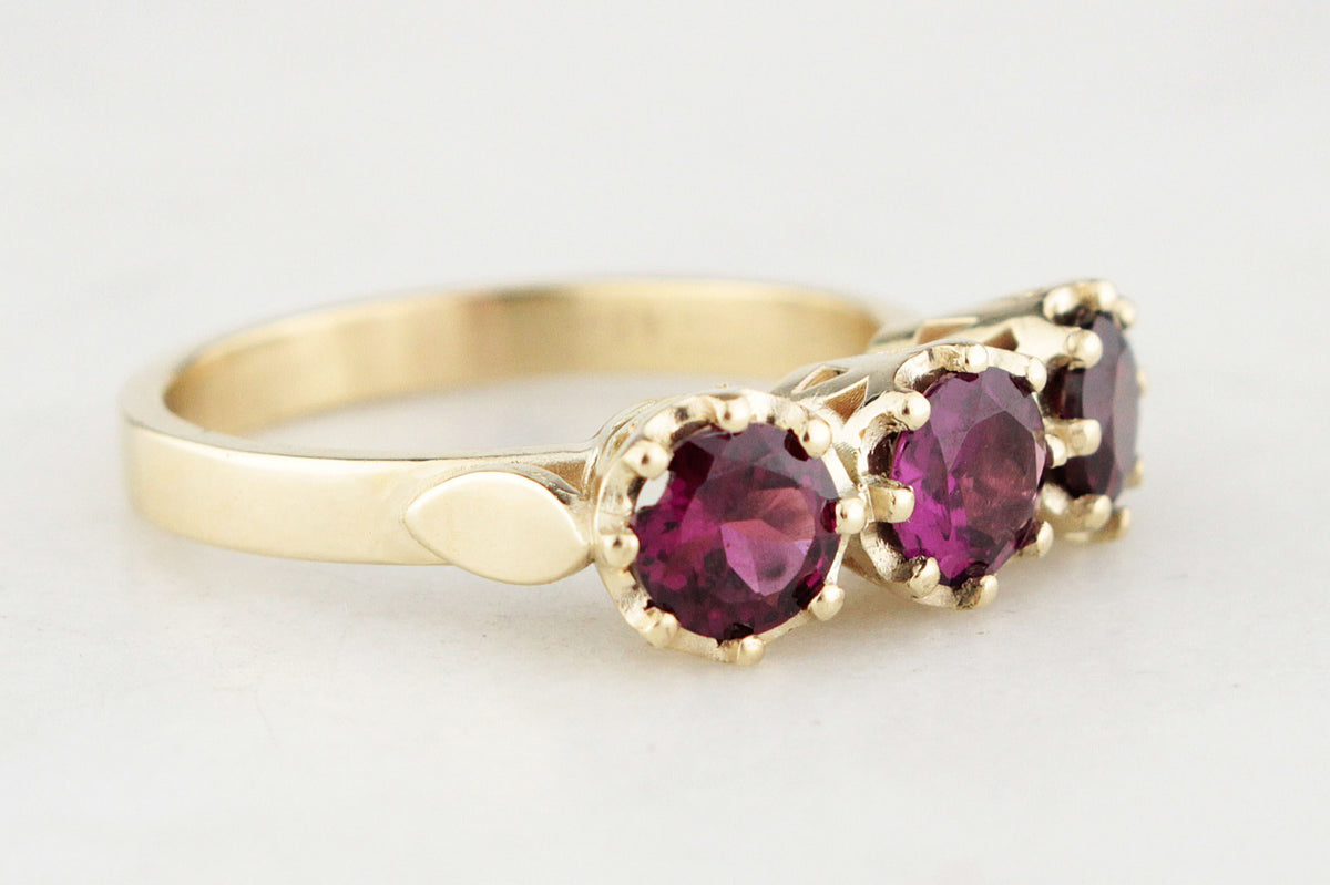 BESPOKE RHODOLITE GARNET TRILOGY RING 14ct GOLD