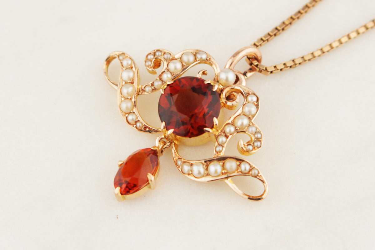 ANTIQUE EDWARDIAN c1900 IMPERIAL TOPAZ & SEED PEARL PENDANT 15ct GOLD