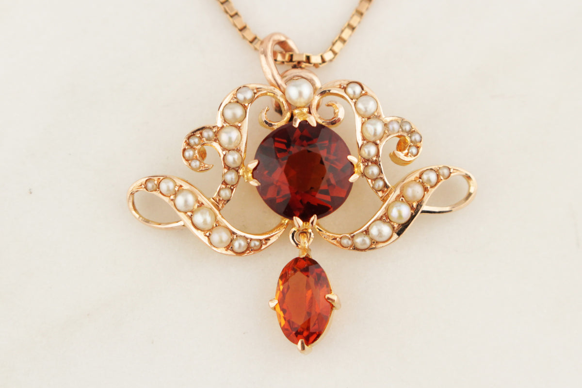 ANTIQUE EDWARDIAN c1900 IMPERIAL TOPAZ & SEED PEARL PENDANT 15ct GOLD