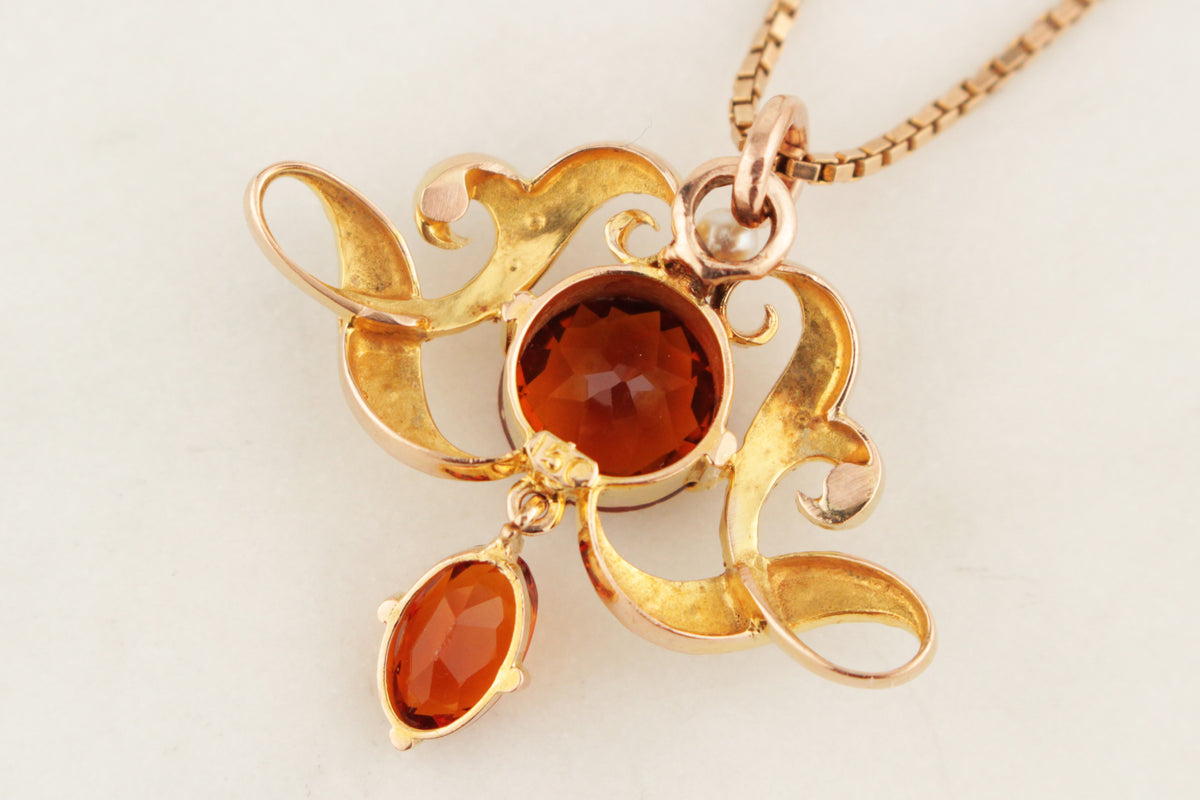 ANTIQUE EDWARDIAN c1900 IMPERIAL TOPAZ & SEED PEARL PENDANT 15ct GOLD
