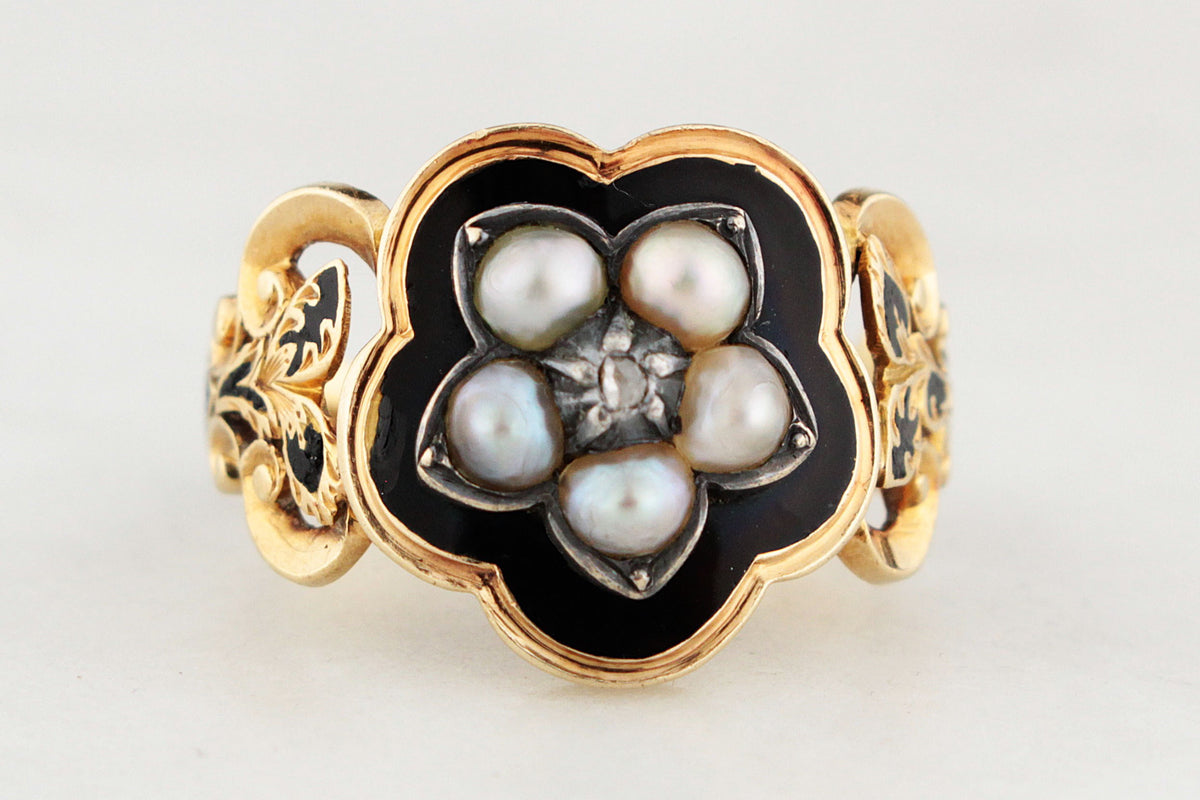 ANTIQUE VICTORIAN 1852 DIAMOND &amp; PEARL MOURNING RING 18ct GOLD