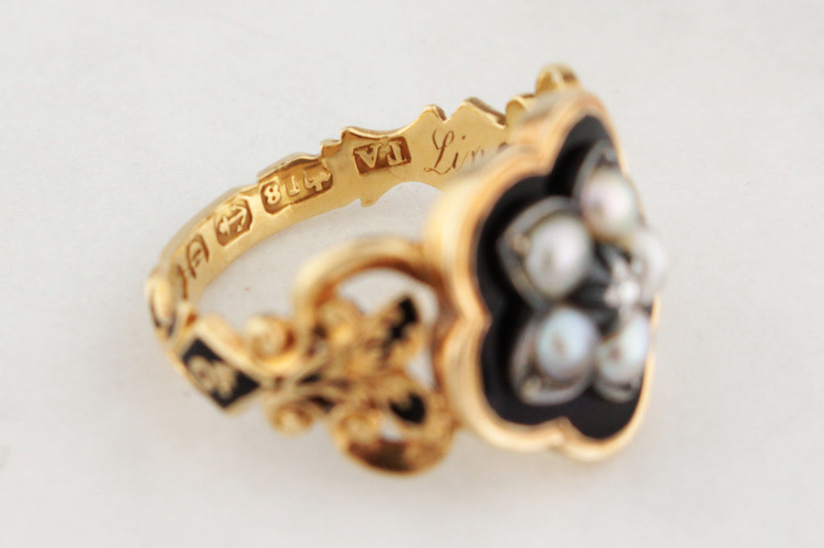 ANTIQUE VICTORIAN 1852 DIAMOND &amp; PEARL MOURNING RING 18ct GOLD