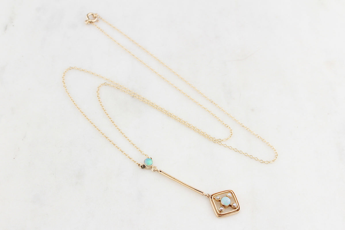 ORIGINAL ART DECO OPAL &amp; SEED PEARL NECKLACE 9ct GOLD