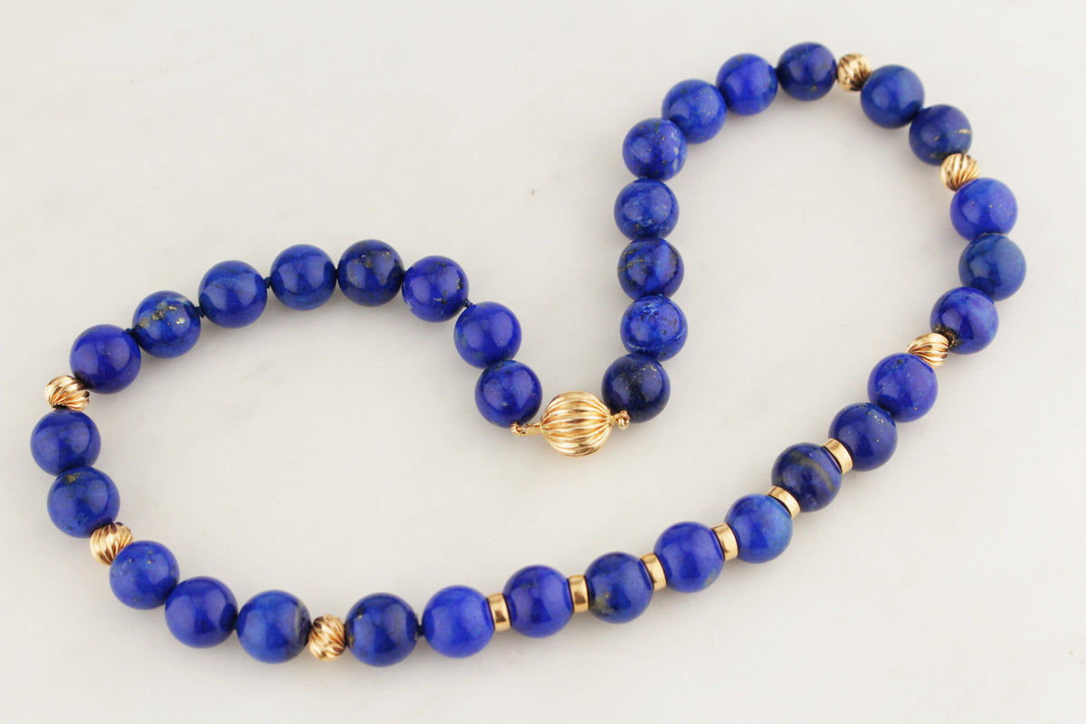 VINTAGE ITALIAN LAPIS LAZULI NECKLACE 14ct YELLOW GOLD