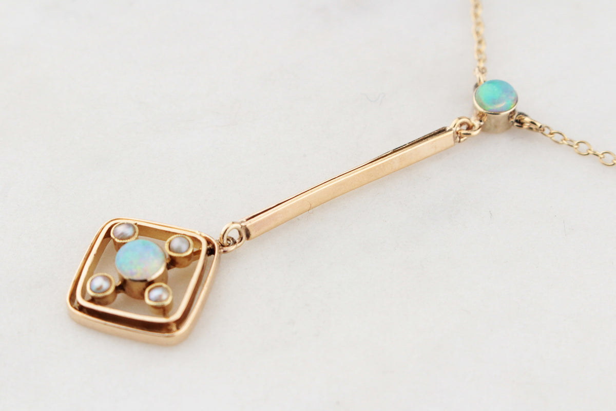 ORIGINAL ART DECO OPAL &amp; SEED PEARL NECKLACE 9ct GOLD