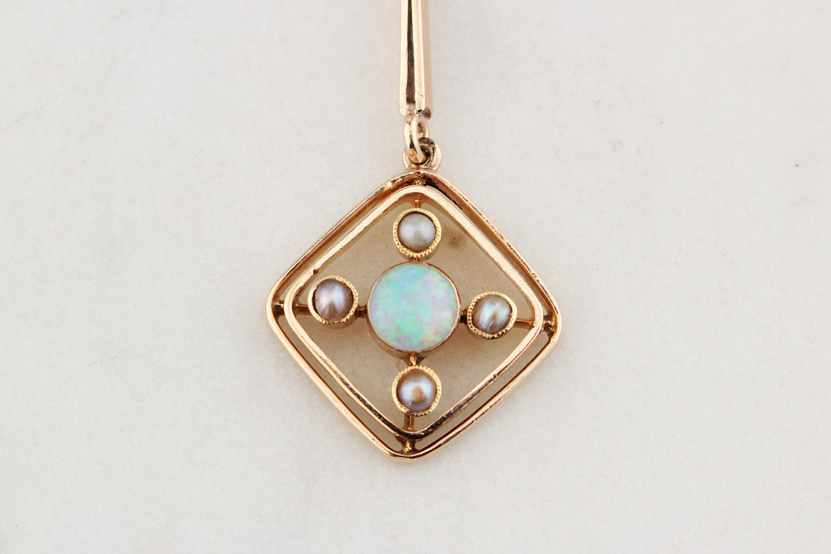 ORIGINAL ART DECO OPAL &amp; SEED PEARL NECKLACE 9ct GOLD