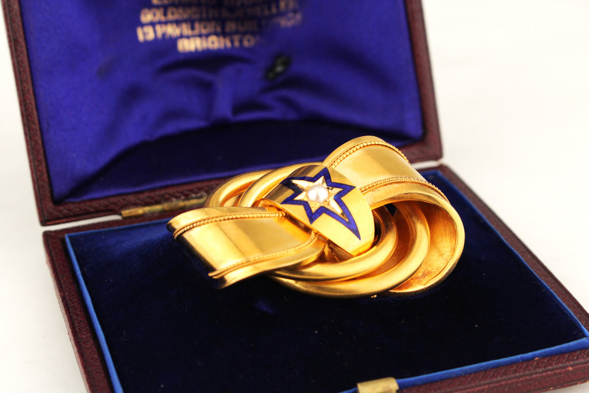 ANTIQUE VICTORIAN c1860 ENAMEL &amp; PEARL BROOCH 20ct YELLOW GOLD