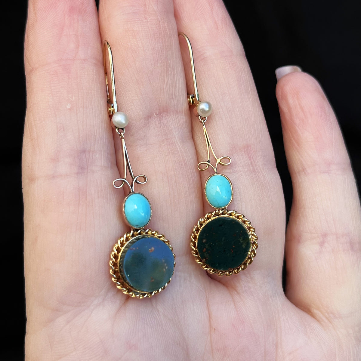 ANTIQUE PEARL TURQUOISE &amp; BLOODSTONE EARRINGS 9ct GOLD