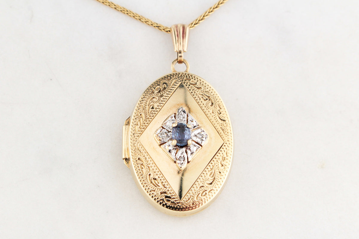 RETRO SAPPHIRE &amp; DIAMOND LOCKET 9ct GOLD