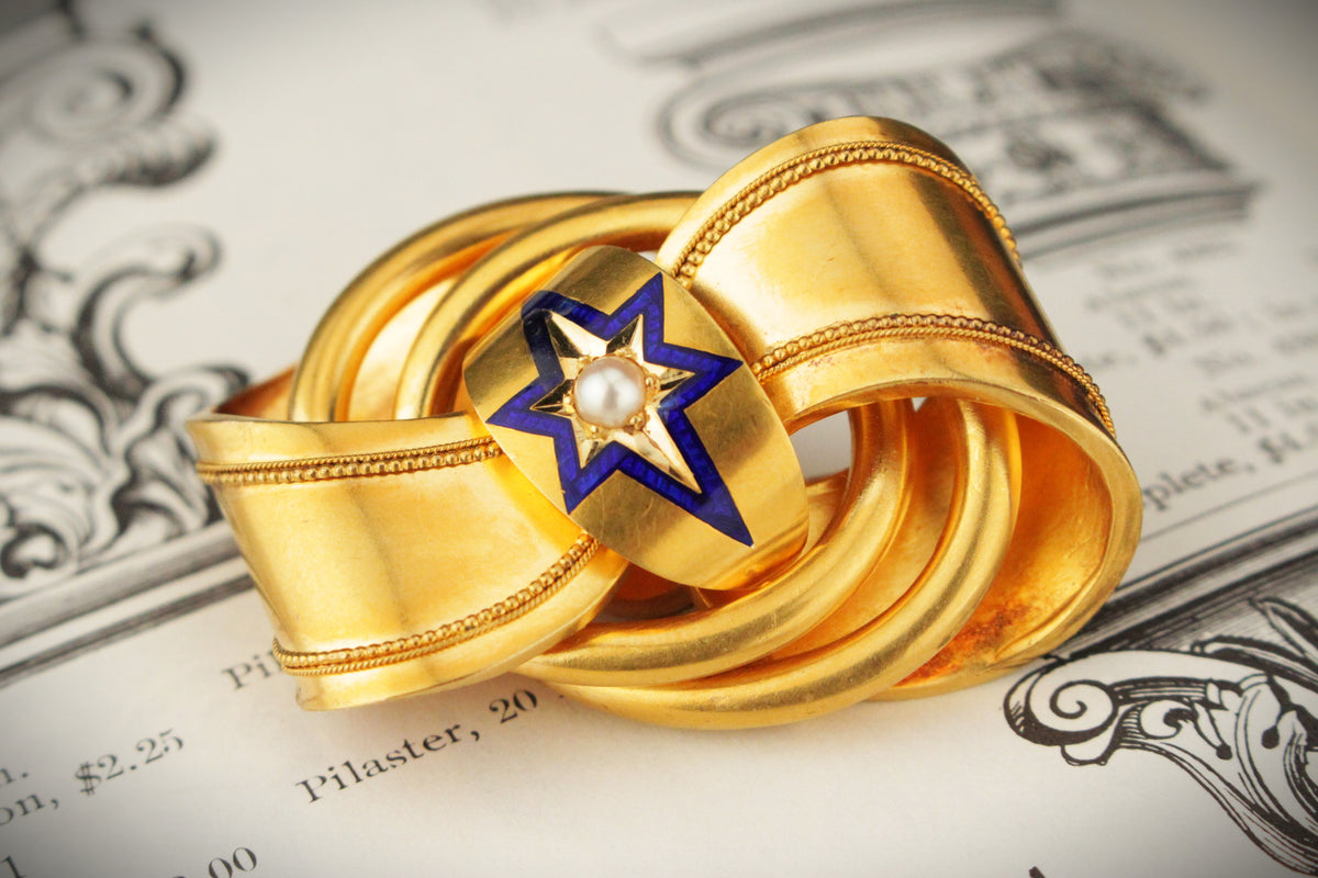 ANTIQUE VICTORIAN c1860 ENAMEL &amp; PEARL BROOCH 20ct YELLOW GOLD