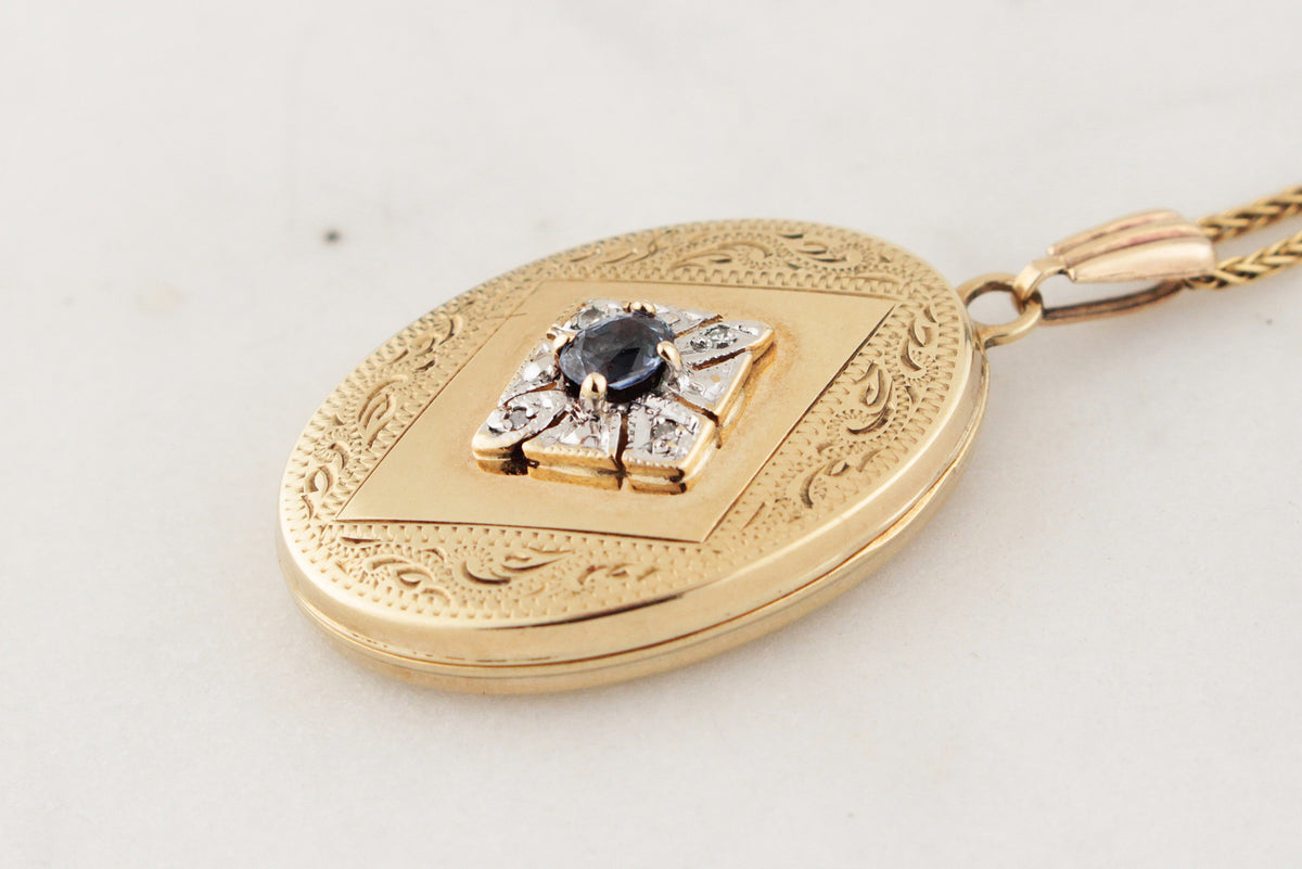 RETRO SAPPHIRE &amp; DIAMOND LOCKET 9ct GOLD
