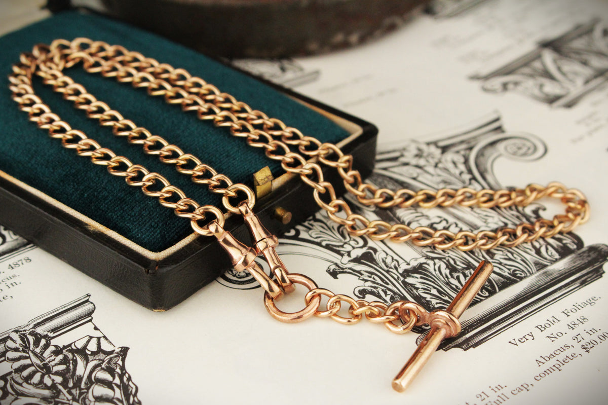 ANTIQUE EDWARDIAN c1900 DOUBLE ALBERT FOB CHAIN 9ct ROSE GOLD