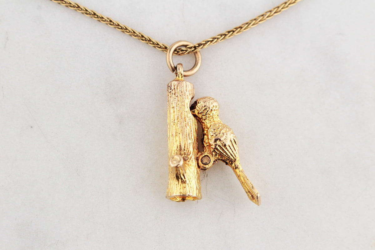 RETRO ARTICULATED WOODPECKER CHARM 9ct GOLD