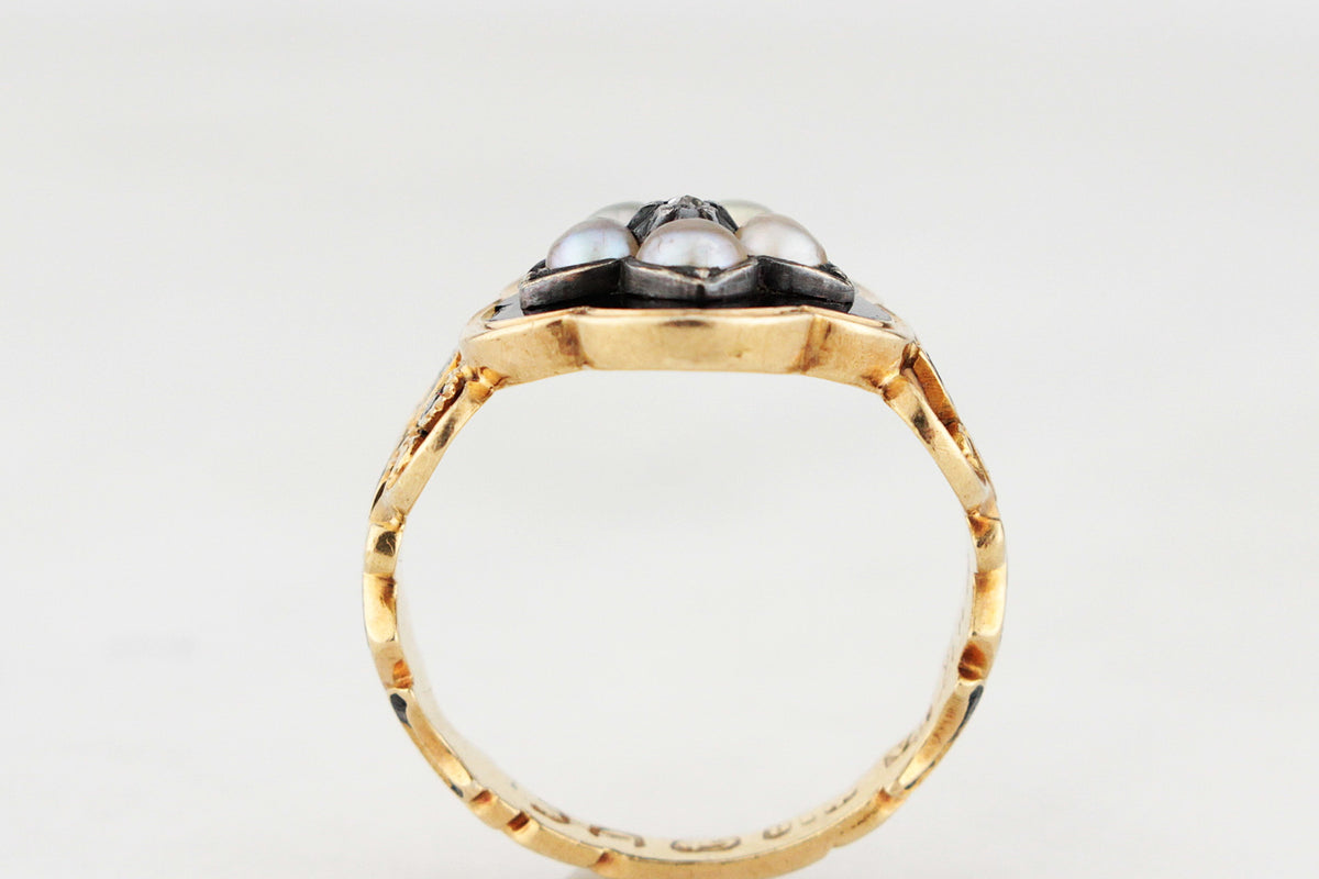 ANTIQUE VICTORIAN 1852 DIAMOND &amp; PEARL MOURNING RING 18ct GOLD