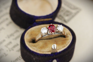 VINTAGE LATE ART DECO c1940 DIAMOND & RUBY RING 18ct WHITE GOLD