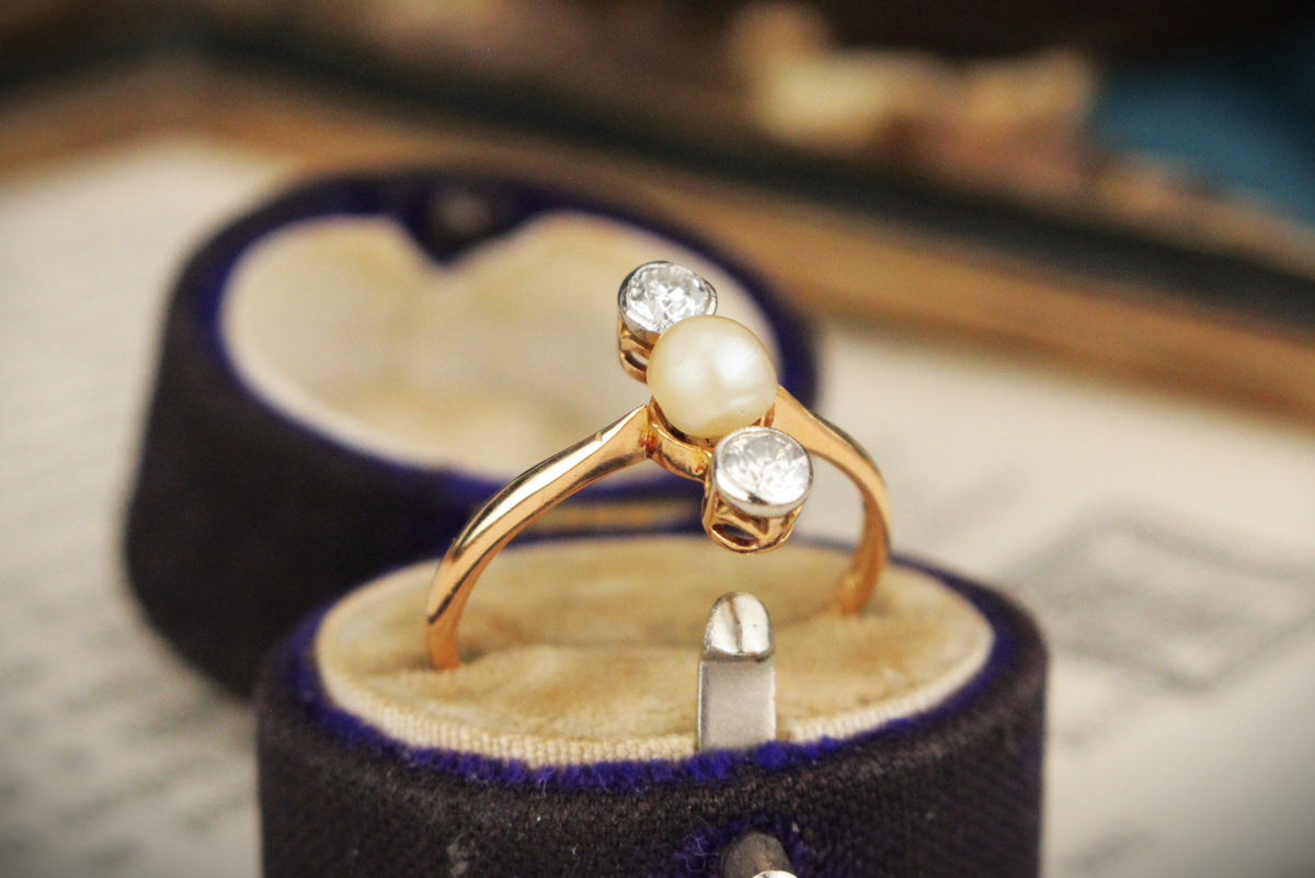 ANTIQUE AUSTRALIAN EDWARDIAN c1910 DIAMOND & PEARL RING 18ct ROSE GOLD