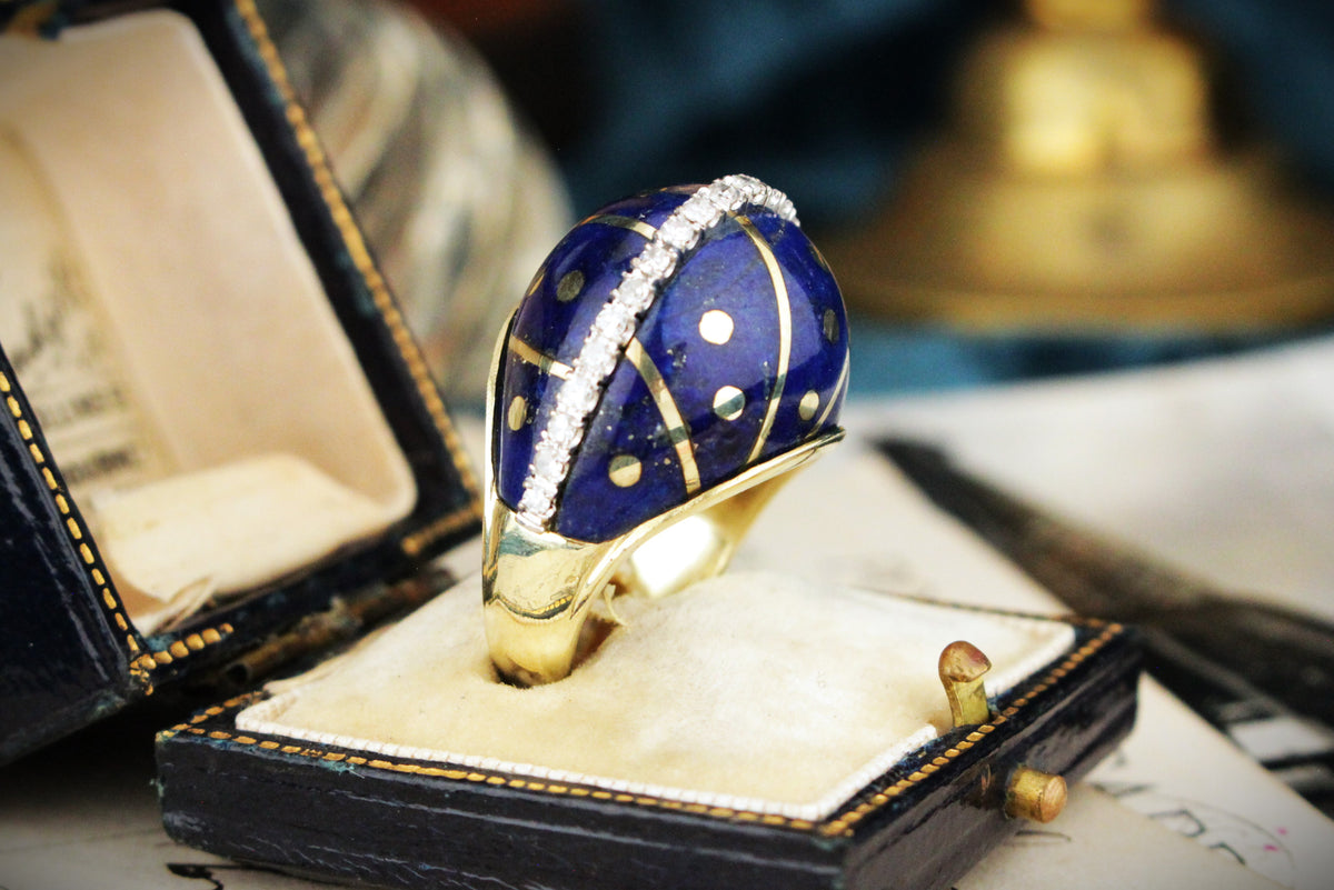 VINTAGE c1940 LAPIS LAZULI &amp; DIAMOND BOMBE RING 14ct YELLOW GOLD