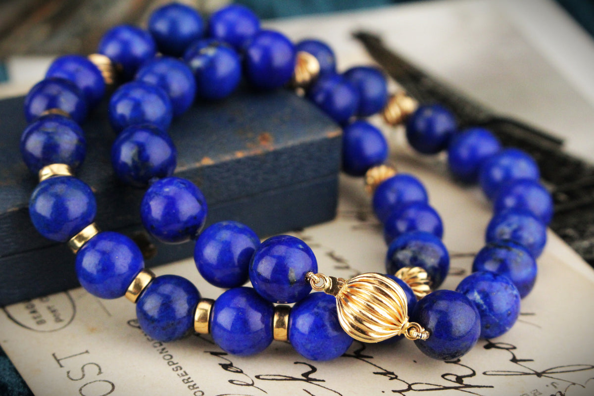 VINTAGE ITALIAN LAPIS LAZULI NECKLACE 14ct YELLOW GOLD