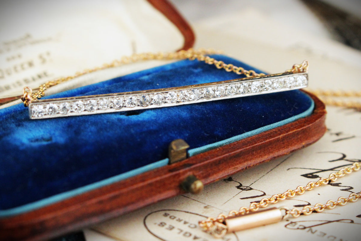 ANTIQUE EDWARDIAN c1900 DIAMOND BAR NECKLACE PLATINUM & 9CT GOLD