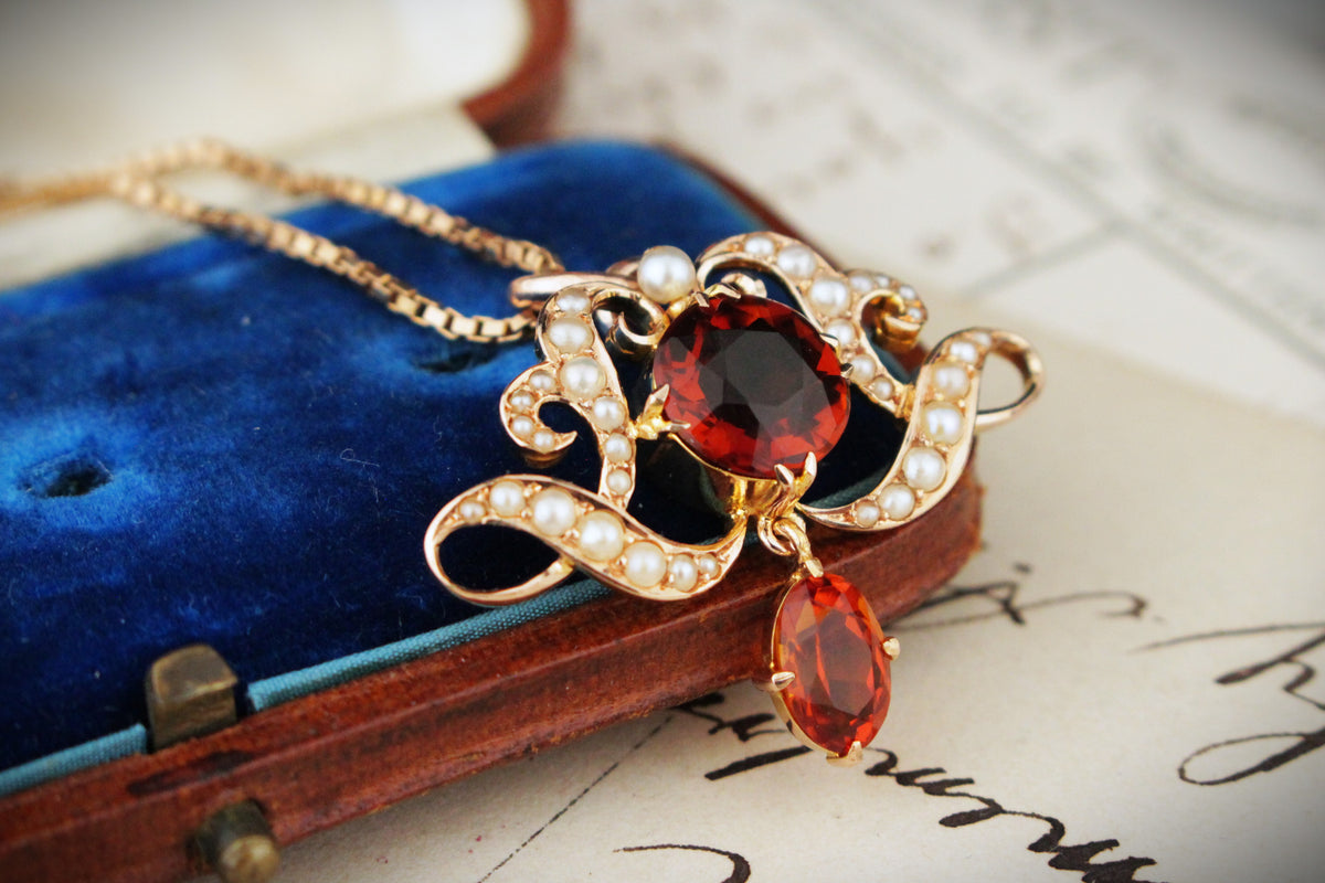 ANTIQUE EDWARDIAN c1900 IMPERIAL TOPAZ & SEED PEARL PENDANT 15ct GOLD