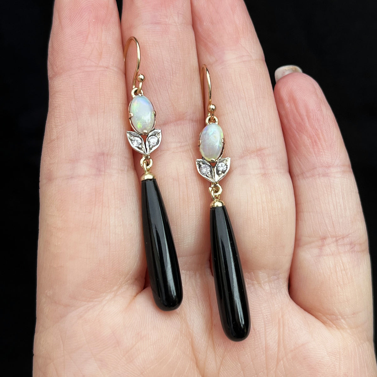 BESPOKE OPAL DIAMOND &amp; ONYX EARRINGS 9ct GOLD