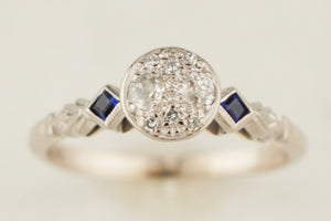 ANTIQUE ART DECO c1920 DIAMOND & SAPPHIRE RING 18ct WHITE GOLD